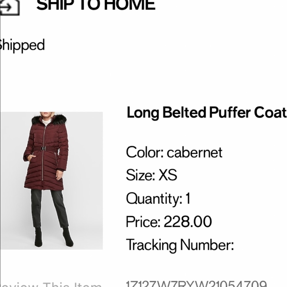Belted puffer coat (maroon) like photo